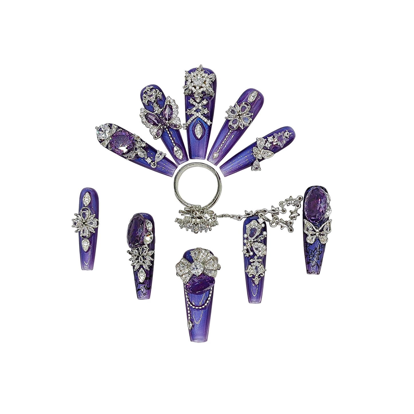 D132Finger Fantasy- Crystal Fantasy Luxury Rhinestone Handmade Press-On Nail Set with Gift Box & Greeting Card, 10pcs Elegant Nail Art Kit for Manicure, Perfect for Christmas Gift and Holiday Glam(DM0132)