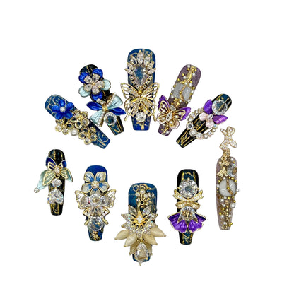 G1Finger Fantasy-Couture Fantasy Luxury Rhinestone Handmade Press-On Nail Set with Gift Box & Greeting Card, 10pcs Elegant Nail Art Kit for Manicure, Perfect for Christmas Gift and Holiday Glam
