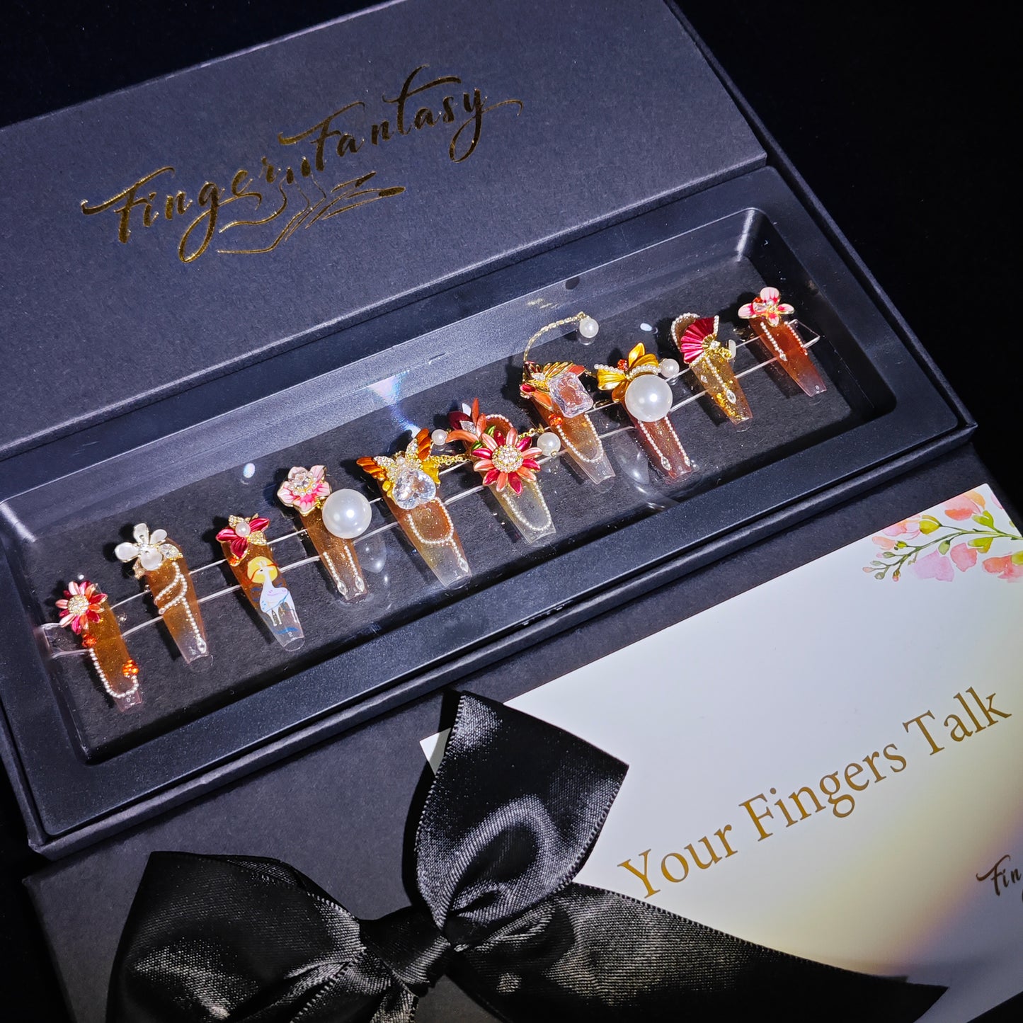 D81Finger Fantasy- Crystal Fantasy Luxury Rhinestone Handmade Press-On Nail Set with Gift Box & Greeting Card, 10pcs Elegant Nail Art Kit for Manicure, Perfect for Christmas Gift and Holiday Glam(DM0081)