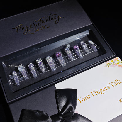 D121Glam Galaxy|Finger Fantasy- Crystal Fantasy Luxury Rhinestone Handmade Press-On Nail Set with Gift Box & Greeting Card, 10pcs Elegant Nail Art Kit for Manicure, Perfect for Christmas Gift and Holiday Glam(DM0121)