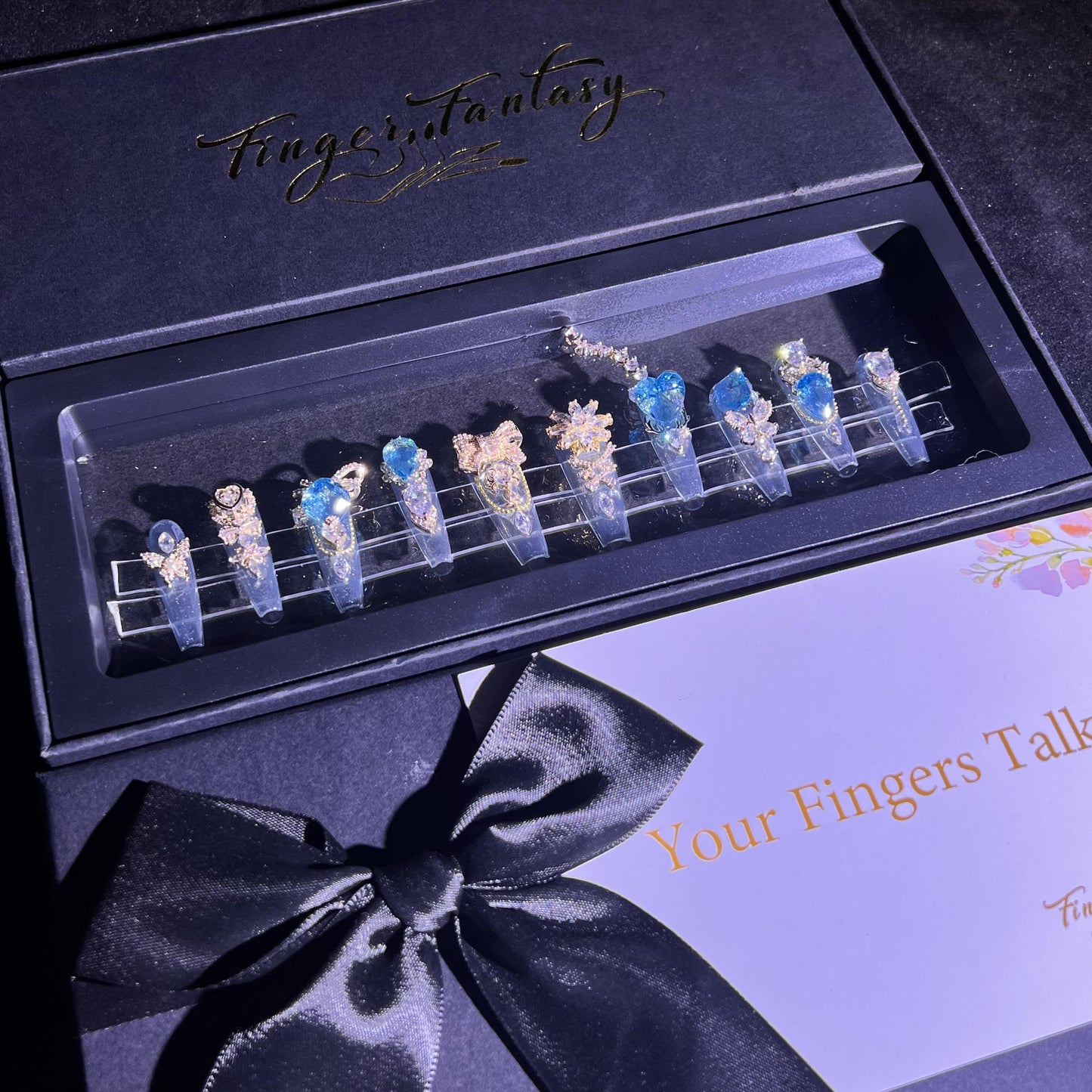 D129Finger Fantasy- Crystal Fantasy Luxury Rhinestone Handmade Press-On Nail Set with Gift Box & Greeting Card, 10pcs Elegant Nail Art Kit for Manicure, Perfect for Christmas Gift and Holiday Glam(DM0129)