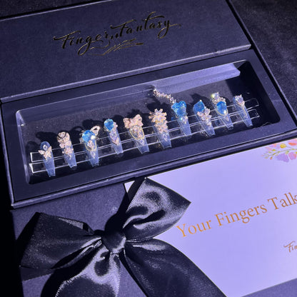 D129Finger Fantasy- Crystal Fantasy Luxury Rhinestone Handmade Press-On Nail Set with Gift Box & Greeting Card, 10pcs Elegant Nail Art Kit for Manicure, Perfect for Christmas Gift and Holiday Glam(DM0129)