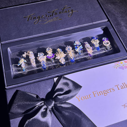 G1Finger Fantasy-Couture Fantasy Luxury Rhinestone Handmade Press-On Nail Set with Gift Box & Greeting Card, 10pcs Elegant Nail Art Kit for Manicure, Perfect for Christmas Gift and Holiday Glam