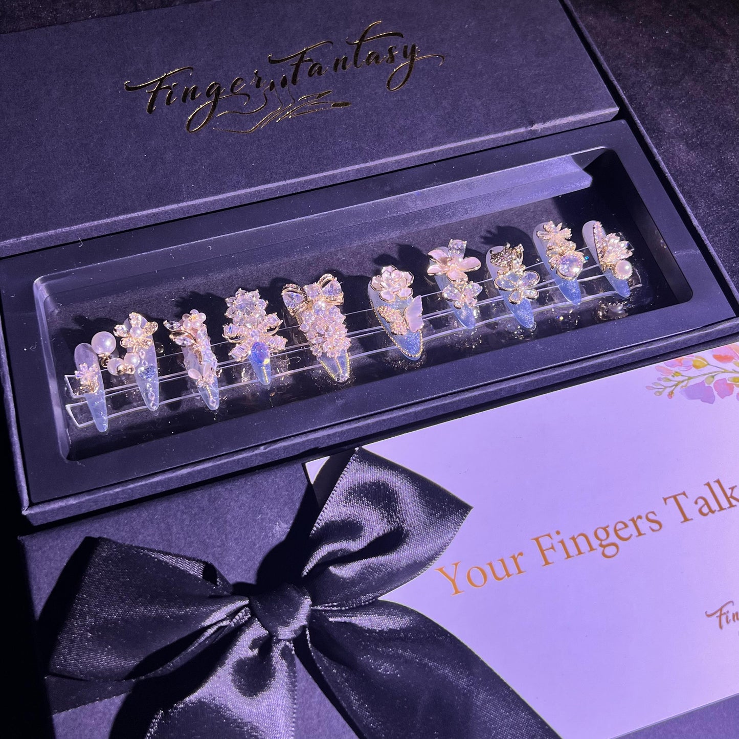 G2Finger Fantasy-Couture Fantasy Luxury Rhinestone Handmade Press-On Nail Set with Gift Box & Greeting Card, 10pcs Elegant Nail Art Kit for Manicure, Perfect for Christmas Gift and Holiday Glam£¨GJ0002£©