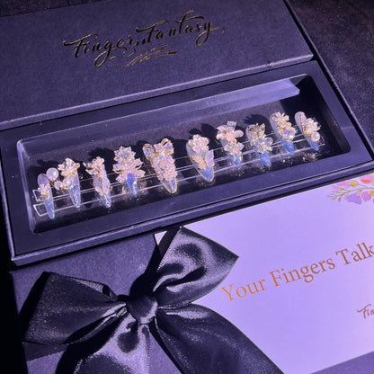 G2Finger Fantasy-Couture Fantasy Luxury Rhinestone Handmade Press-On Nail Set with Gift Box & Greeting Card, 10pcs Elegant Nail Art Kit for Manicure, Perfect for Christmas Gift and Holiday Glam£¨GJ0002£©