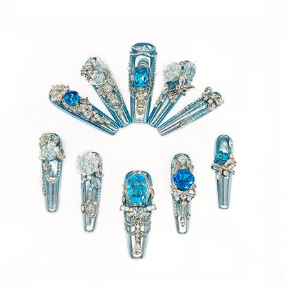 D153Finger Fantasy- Crystal Fantasy Luxury Rhinestone Handmade Press-On Nail Set with Gift Box & Greeting Card, 10pcs Elegant Nail Art Kit for Manicure, Perfect for Christmas Gift and Holiday Glam(DM0153)
