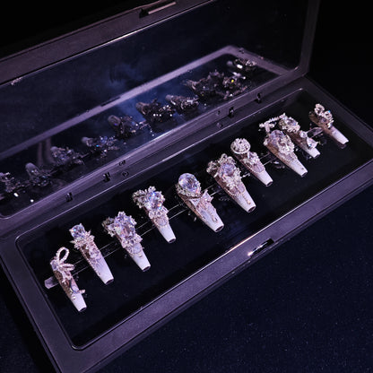 Finger Fantasy- Crystal Fantasy Luxury Rhinestone Handmade silver Press-On Nail Set with Gift Box & Greeting Card, 10pcs Elegant Nail Art Kit for Manicure, Perfect for Gifts and Holiday Glam(DM0013/36)