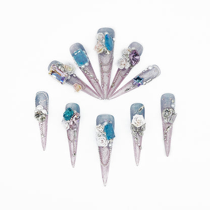 D160Finger Fantasy- Crystal Fantasy Luxury Rhinestone Handmade Press-On Nail Set with Gift Box & Greeting Card, 10pcs Elegant Nail Art Kit for Manicure, Perfect for Christmas Gift and Holiday Glam(DM0160)