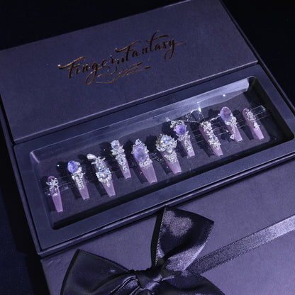 Finger Fantasy- Crystal Fantasy Luxury Rhinestone Handmade Press-On Nail Set with Gift Box & Greeting Card, 10pcs Elegant Nail Art Kit for Manicure, Perfect for Gifts and Holiday Glam(DM0047/52/53)