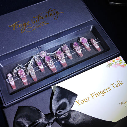 D58FingerFantasy- Crystal Fantasy Luxury Rhinestone Handmade Press-On Nail Set with Gift Box & Greeting Card, 10pcs Elegant Nail Art Kit for Manicure, Perfect for Christmas Gift and Holiday Glam£¨DM0058£©