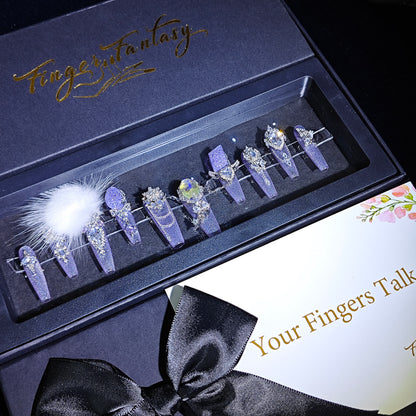 Finger Fantasy- Crystal Fantasy Luxury Rhinestone Handmade Press-On Nail Set with Gift Box & Greeting Card, 10pcs Elegant Nail Art Kit for Manicure, Perfect for Gifts and Holiday Glam(DM0062-66)