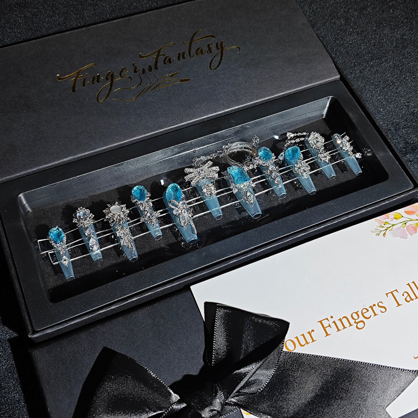 D130Finger Fantasy- Crystal Fantasy Luxury Rhinestone Handmade Press-On Nail Set with Gift Box & Greeting Card, 10pcs Elegant Nail Art Kit for Manicure, Perfect for Christmas Gift and Holiday Glam(DM0130)