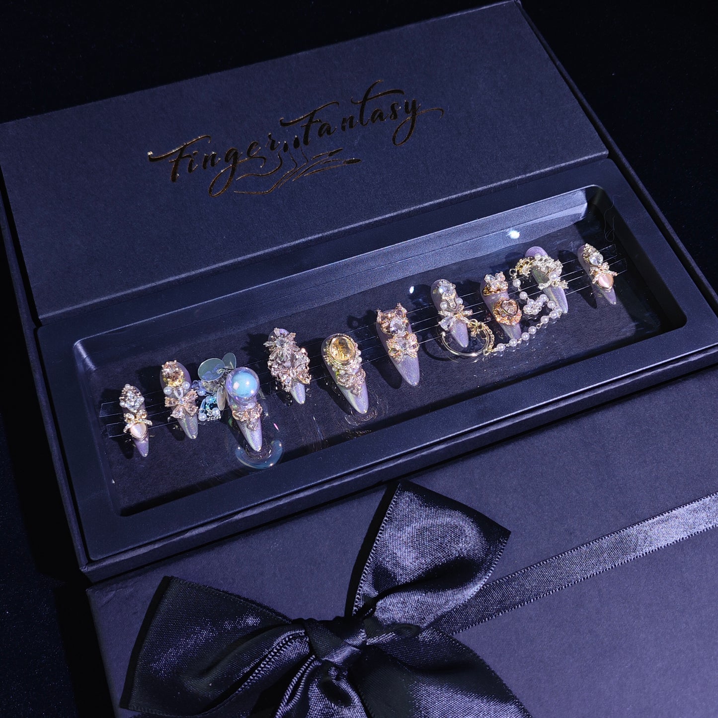 Finger Fantasy- Crystal Fantasy Luxury Rhinestone Handmade Press-On Nail Set with Gift Box & Greeting Card, 10pcs Elegant Nail Art Kit for Manicure, Perfect for Gifts and Holiday Glam(DM0038)