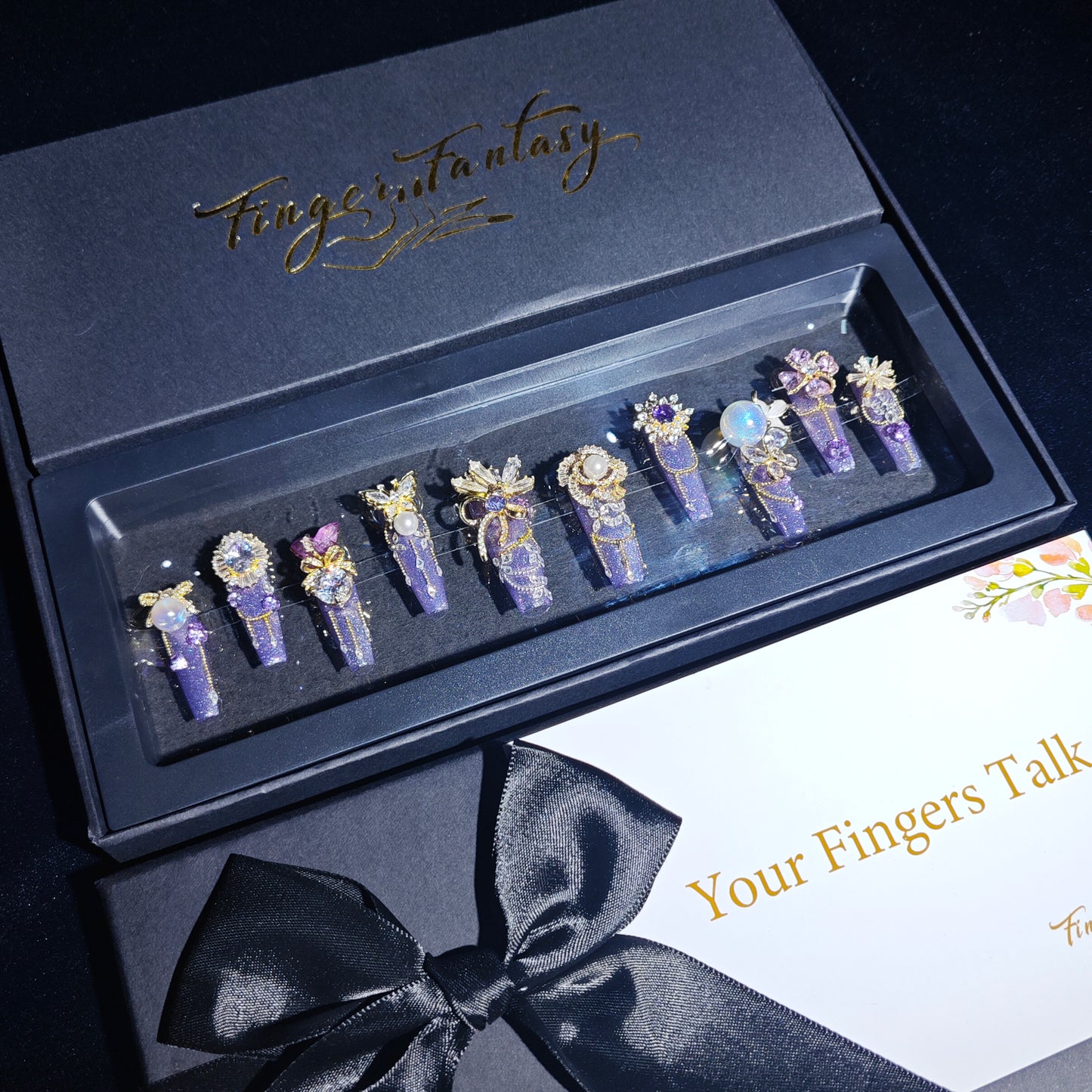 D92Finger Fantasy- Crystal Fantasy Luxury Rhinestone Handmade Press-On Nail Set with Gift Box & Greeting Card, 10pcs Elegant Nail Art Kit for Manicure, Perfect for Christmas Gift and Holiday Glam(DM0092)