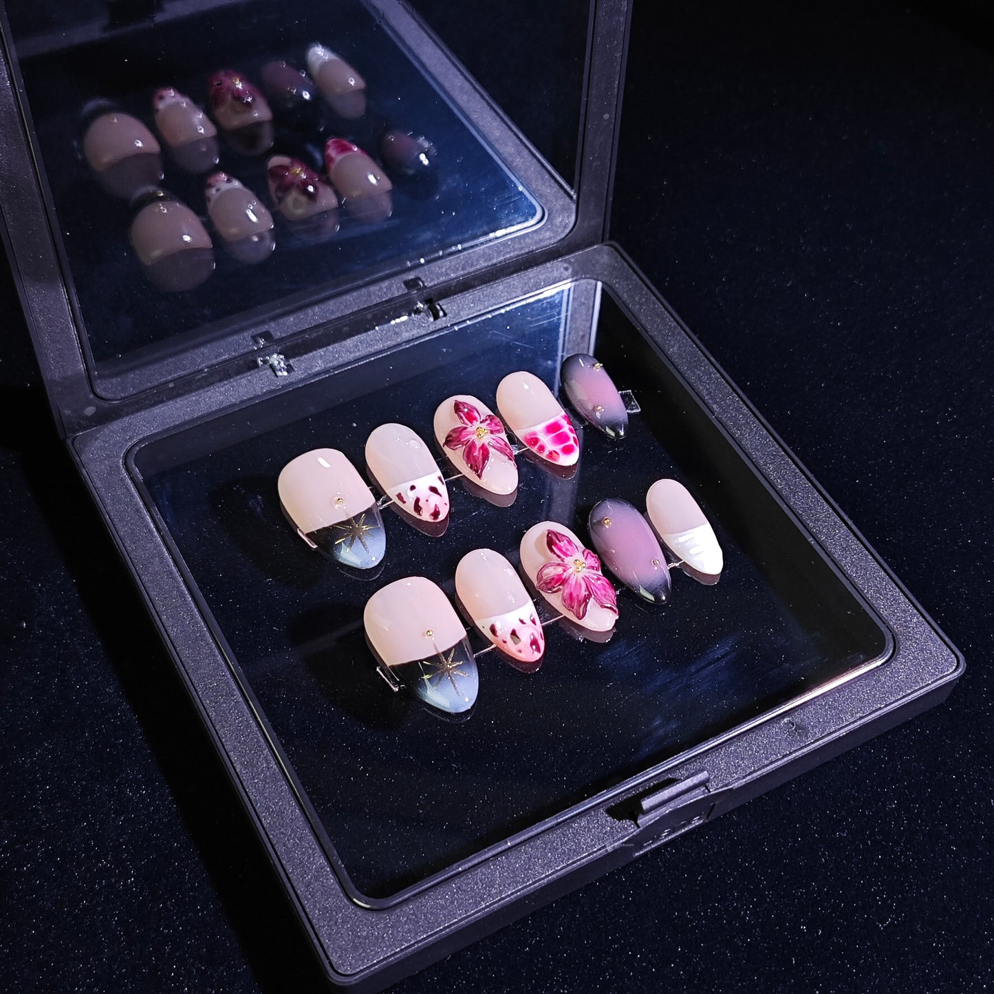 Finger Fantasy-Classic Fantasy Luxury Handmade flower Press On Nail Set with Gift Box & Greeting Card, 10pcs Elegant Nail Art Kit for Manicure, Perfect for Gifts and Holiday Glam(NM0009)