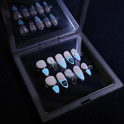 Finger Fantasy-Classic Fantasy Luxury Handmade blue black Press On Nail Set with Gift Box & Greeting Card, 10pcs Elegant Nail Art Kit for Manicure, Perfect for Gifts and Holiday Glam(NM0022)