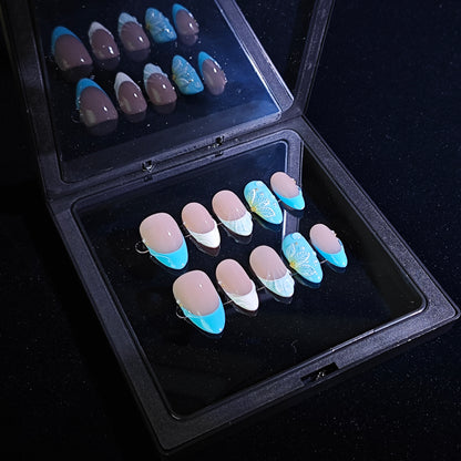 Finger Fantasy-Classic Fantasy Luxury blue Handmade Press On Nail Set with Gift Box & Greeting Card, 10pcs Elegant Nail Art Kit for Manicure, Perfect for Gifts and Holiday Glam(NM0015)