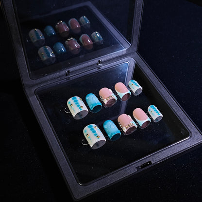 Finger Fantasy-Classic Fantasy Luxury blue Handmade Press On Nail Set with Gift Box & Greeting Card, 10pcs Elegant Nail Art Kit for Manicure, Perfect gift for girlfriend wife(NM0016)