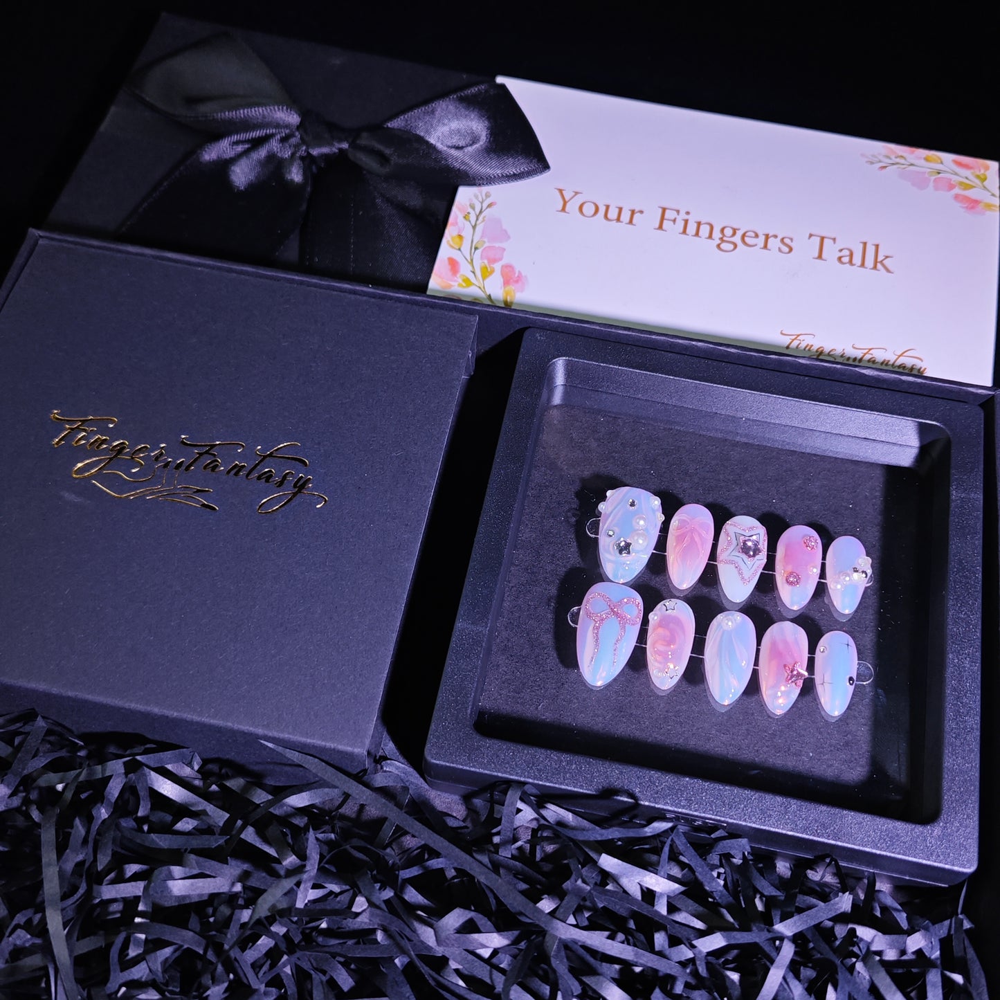 Finger Fantasy-Classic Fantasy Luxury Handmade pink Press On Nail Set with Gift Box & Greeting Card, 10pcs Elegant Nail Art Kit for Manicure, Perfect for Gifts and Holiday Glam(NM0021)