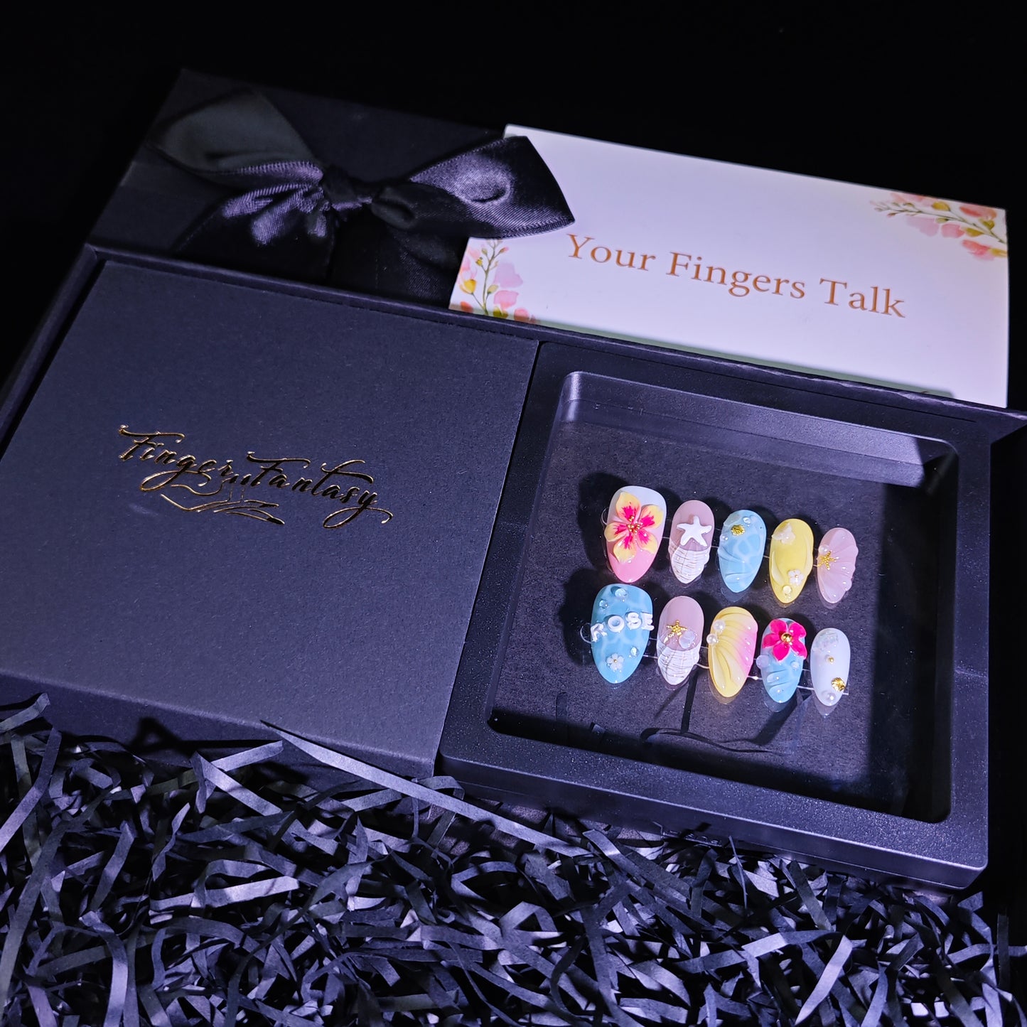 Finger Fantasy-Classic Fantasy Luxury beach Handmade Press On Nail Set with Gift Box & Greeting Card, 10pcs Elegant Nail Art Kit for Manicure, Perfect gift for girlfriend wife(NM0004)