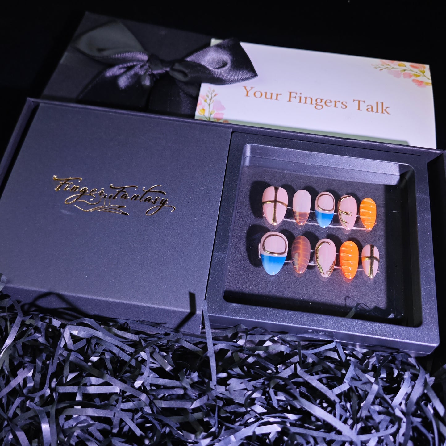 Finger Fantasy-Classic Fantasy Luxury  Egyptian Handmade Press On Nail Set with Gift Box & Greeting Card, 10pcs Elegant Nail Art Kit for Manicure, Perfect Gifts for girlfriend wife(NM0002)