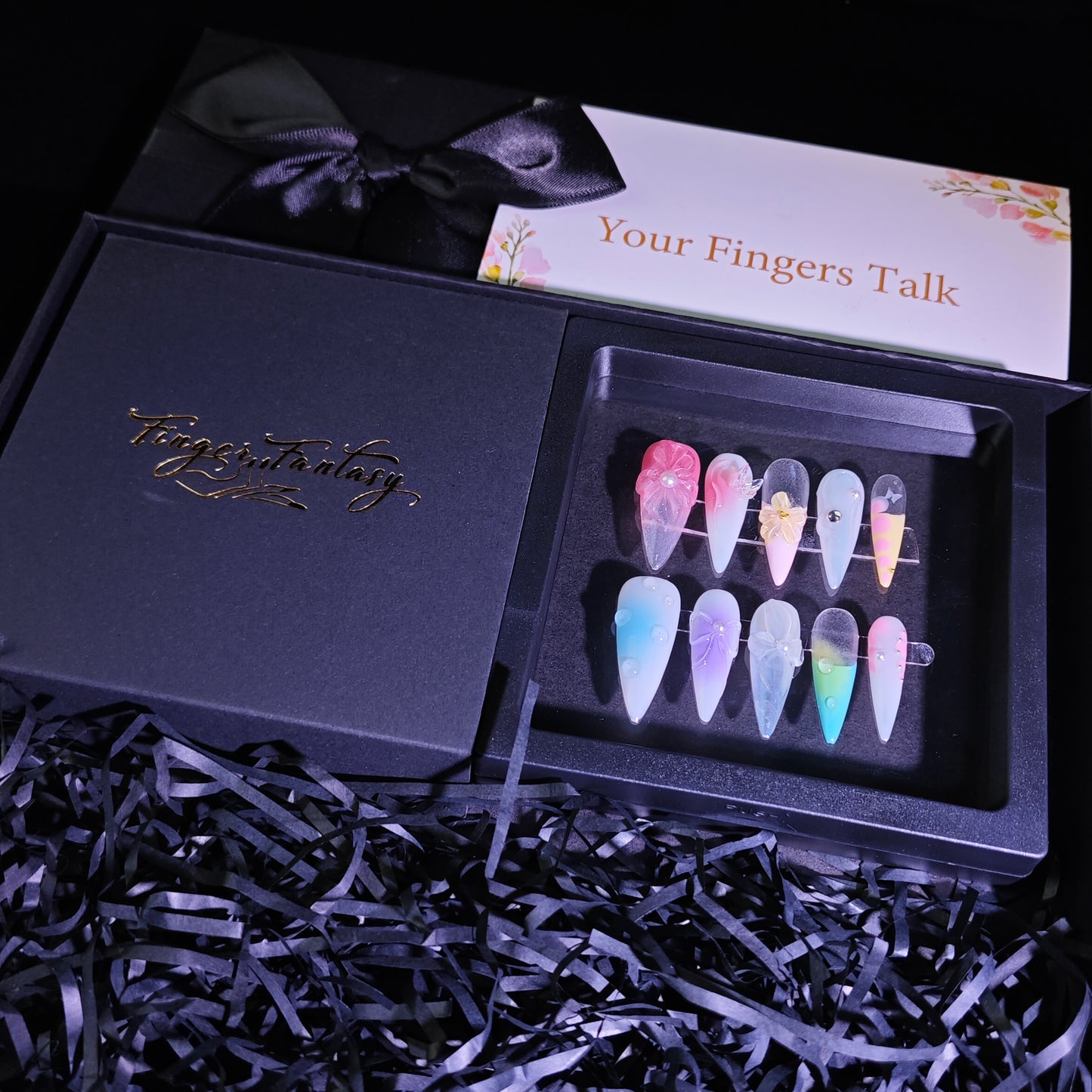 Finger Fantasy-Classic Fantasy Luxury colorful Handmade Press On Nail Set with Gift Box & Greeting Card, 10pcs Elegant Nail Art Kit for Manicure, Perfect for Gifts and Holiday Glam(NM0012)