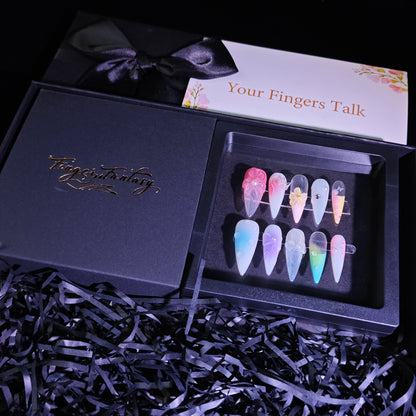 Finger Fantasy-Classic Fantasy Luxury colorful Handmade Press On Nail Set with Gift Box & Greeting Card, 10pcs Elegant Nail Art Kit for Manicure, Perfect for Gifts and Holiday Glam(NM0012)