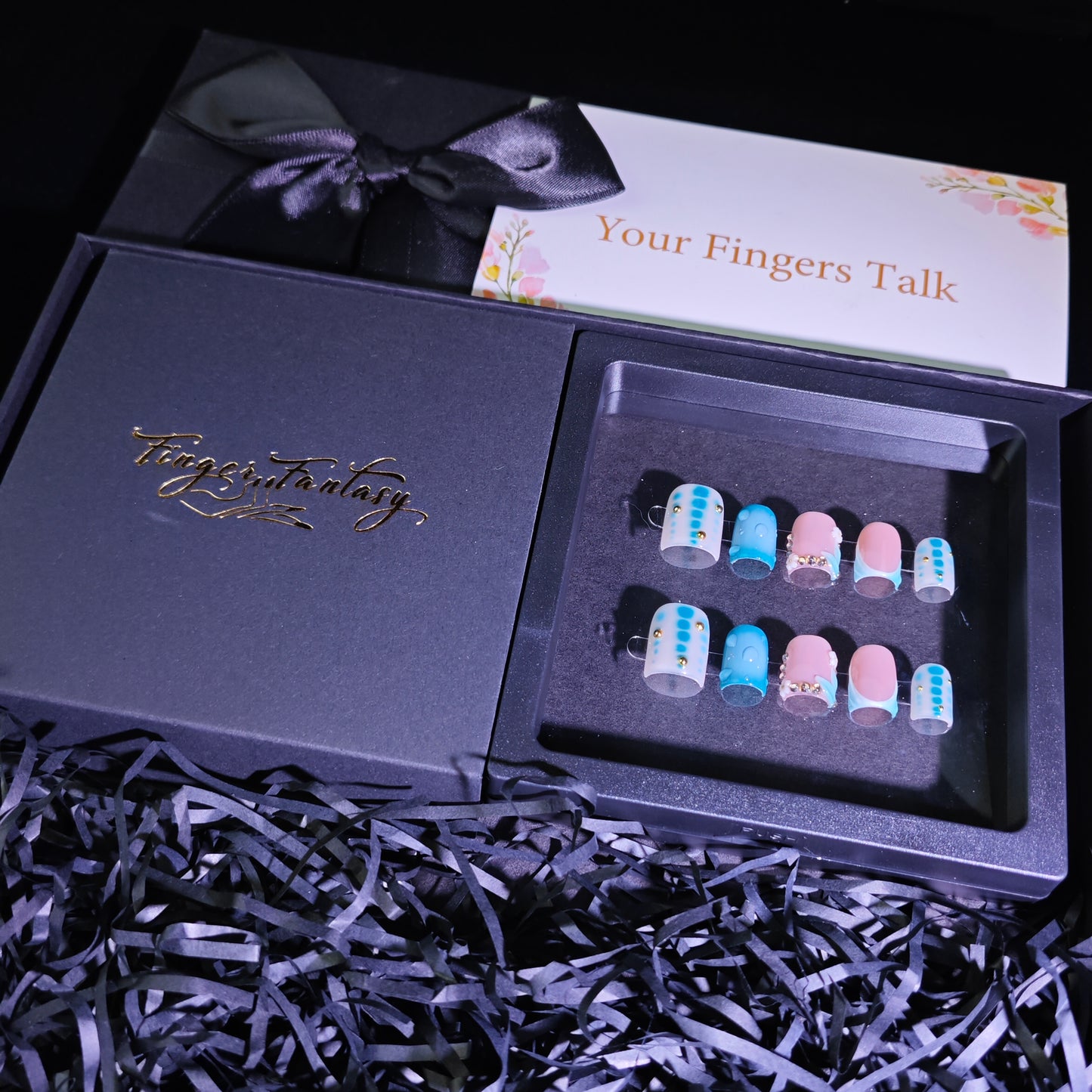 Finger Fantasy-Classic Fantasy Luxury blue Handmade Press On Nail Set with Gift Box & Greeting Card, 10pcs Elegant Nail Art Kit for Manicure, Perfect gift for girlfriend wife(NM0016)
