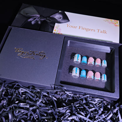 Finger Fantasy-Classic Fantasy Luxury blue Handmade Press On Nail Set with Gift Box & Greeting Card, 10pcs Elegant Nail Art Kit for Manicure, Perfect gift for girlfriend wife(NM0016)