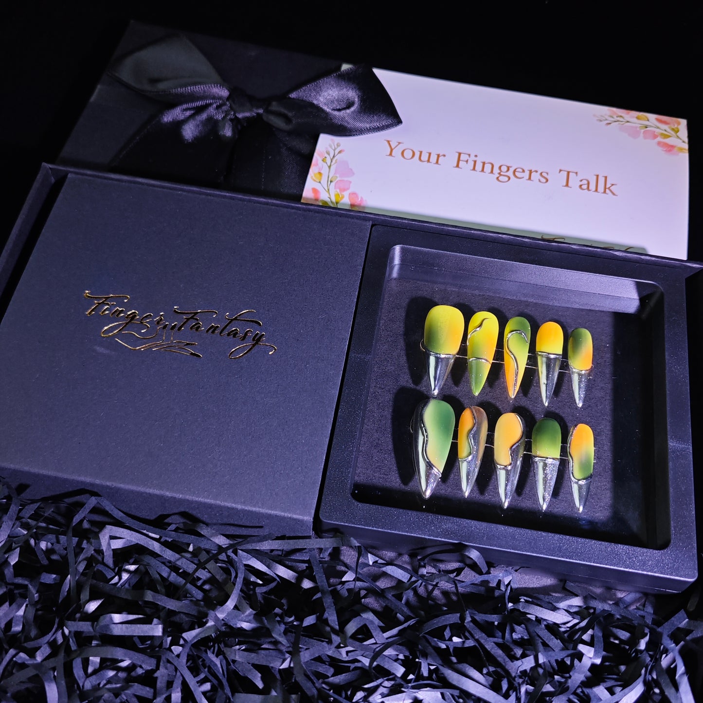Finger Fantasy-Classic Fantasy Luxury green silver Handmade Press On Nail Set with Gift Box & Greeting Card, 10pcs Elegant Nail Art Kit for Manicure, Perfect gifts for girlfriend wife(NM0010)