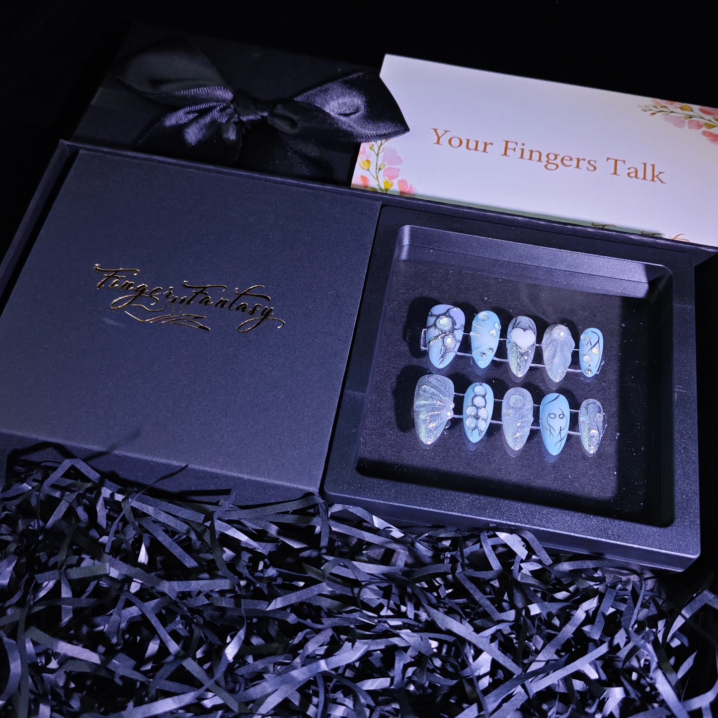 Finger Fantasy-Classic Fantasy Luxury blue Handmade Press On Nail Set with Gift Box & Greeting Card, 10pcs Elegant Nail Art Kit for Manicure, Perfect Gifts for girlfriend wife(NM0003)