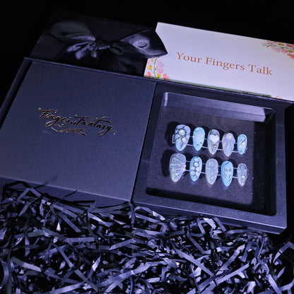 Finger Fantasy-Classic Fantasy Luxury blue Handmade Press On Nail Set with Gift Box & Greeting Card, 10pcs Elegant Nail Art Kit for Manicure, Perfect Gifts for girlfriend wife(NM0003)