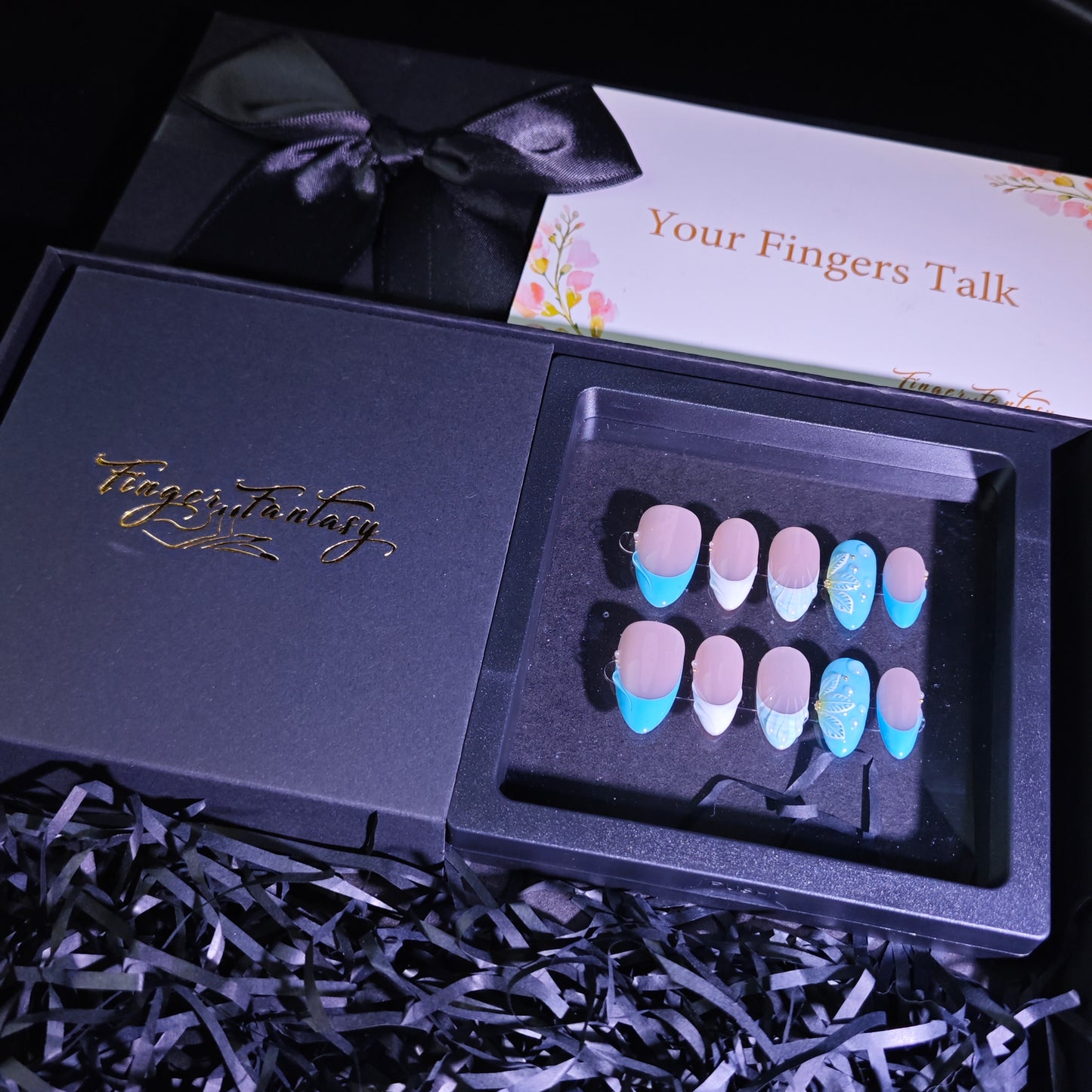 Finger Fantasy-Classic Fantasy Luxury blue Handmade Press On Nail Set with Gift Box & Greeting Card, 10pcs Elegant Nail Art Kit for Manicure, Perfect for Gifts and Holiday Glam(NM0015)