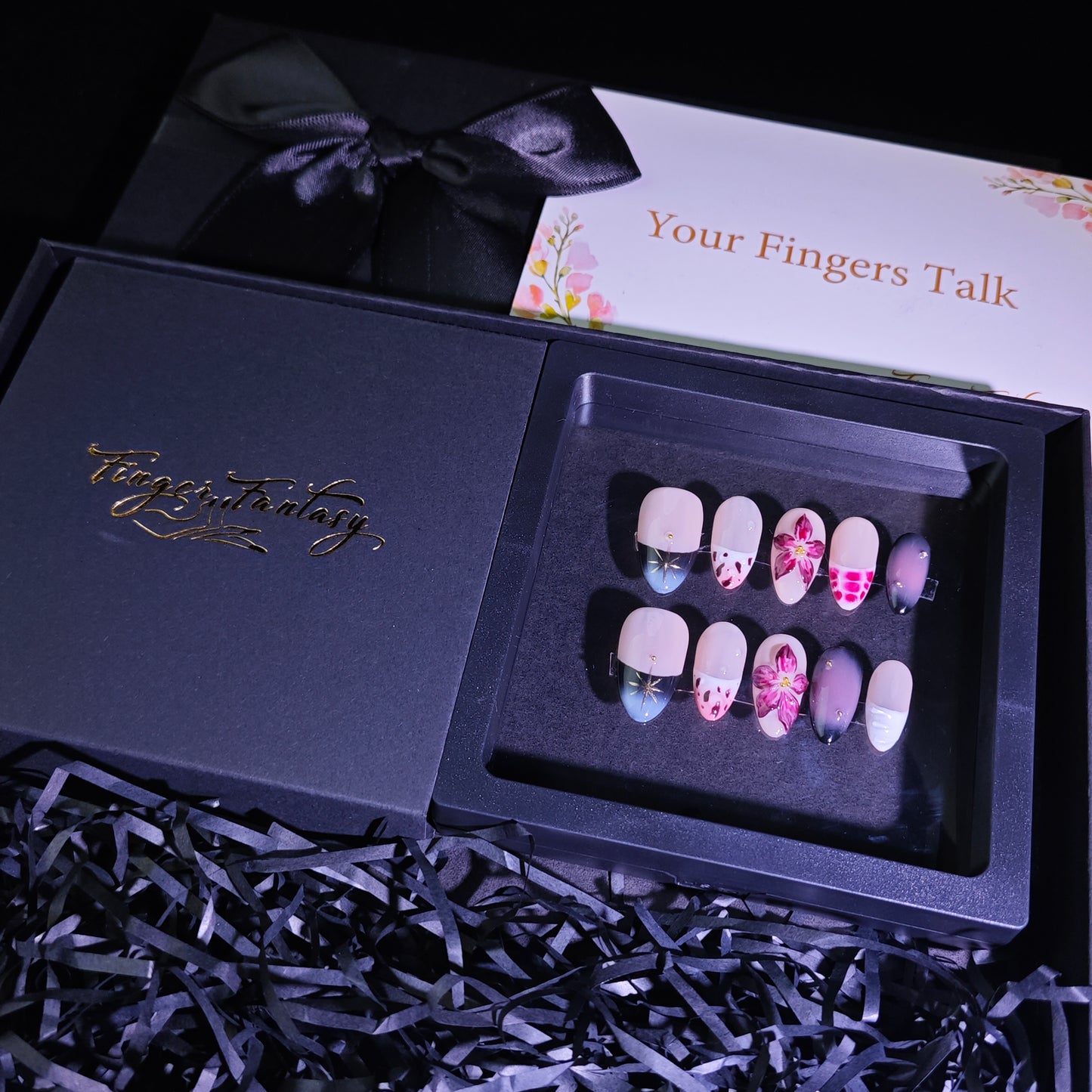 Finger Fantasy-Classic Fantasy Luxury Handmade flower Press On Nail Set with Gift Box & Greeting Card, 10pcs Elegant Nail Art Kit for Manicure, Perfect for Gifts and Holiday Glam(NM0009)
