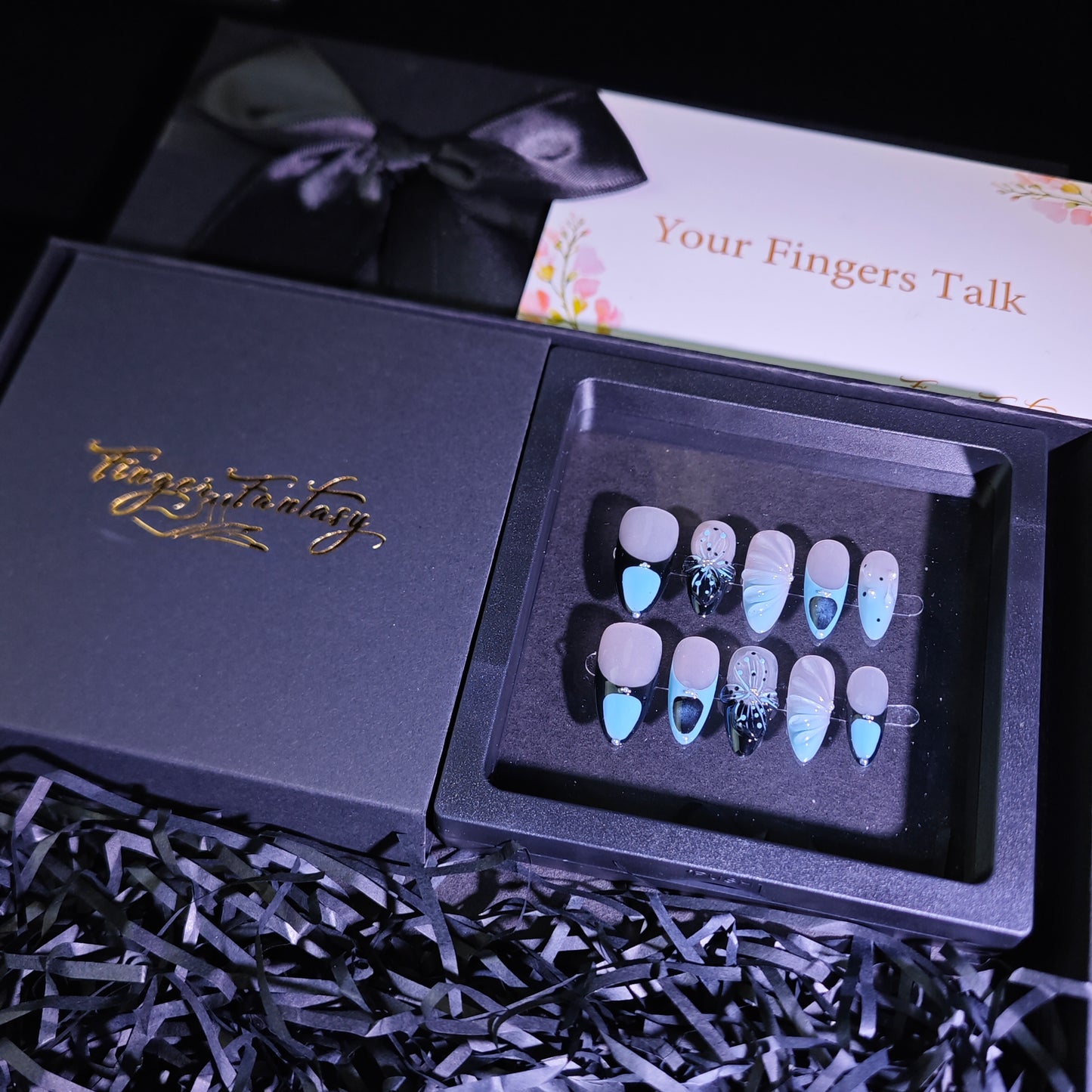 Finger Fantasy-Classic Fantasy Luxury Handmade blue black Press On Nail Set with Gift Box & Greeting Card, 10pcs Elegant Nail Art Kit for Manicure, Perfect for Gifts and Holiday Glam(NM0022)