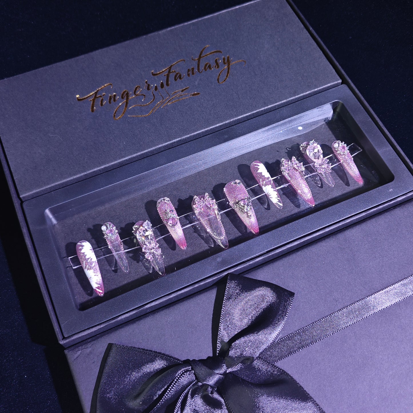Finger Fantasy- Crystal Fantasy Luxury Rhinestone Handmade Press-On Nail Set with Gift Box & Greeting Card, 10pcs Elegant Nail Art Kit for Manicure, Perfect for Gifts and Holiday Glam(DM0042)