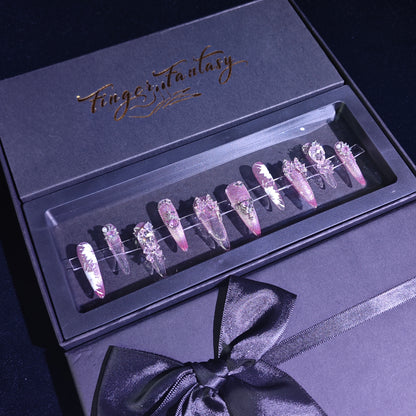 Finger Fantasy- Crystal Fantasy Luxury Rhinestone Handmade Press-On Nail Set with Gift Box & Greeting Card, 10pcs Elegant Nail Art Kit for Manicure, Perfect for Gifts and Holiday Glam(DM0042)