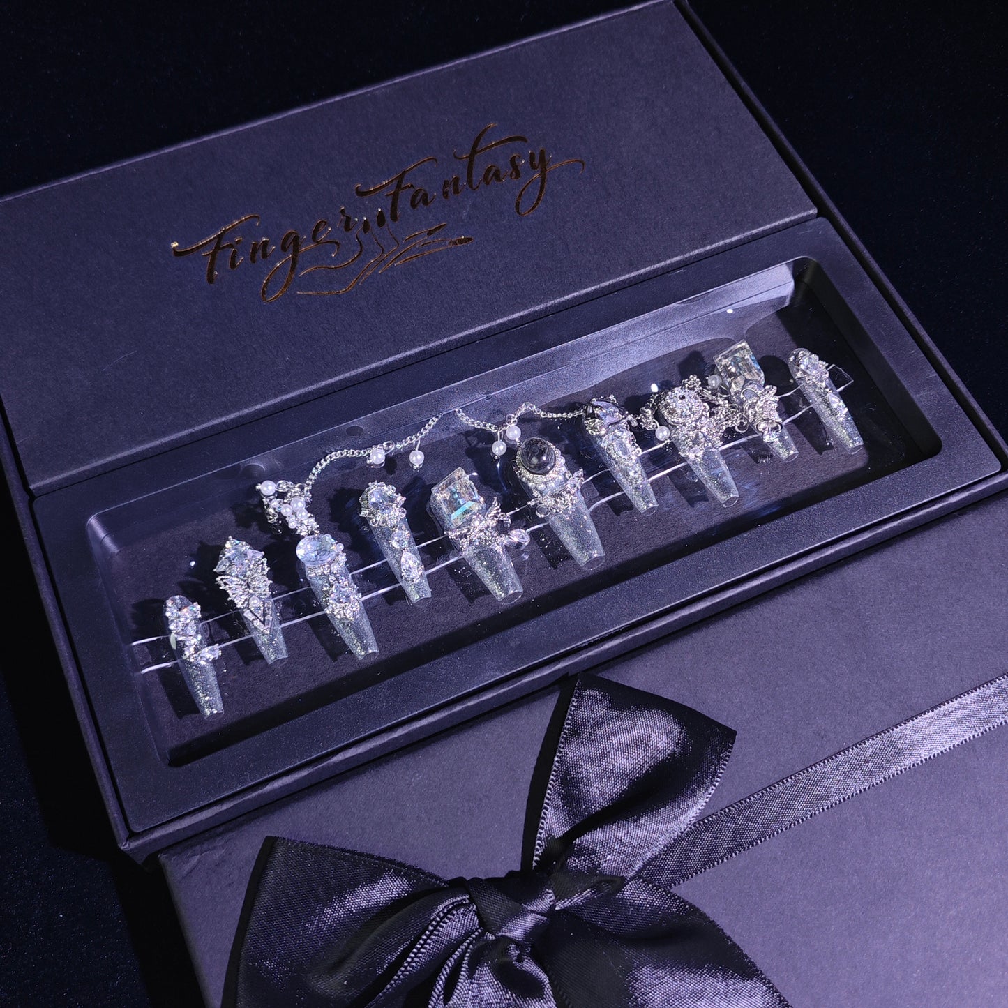 Finger Fantasy- Crystal Fantasy Luxury Rhinestone Handmade Press-On Nail Set with Gift Box & Greeting Card, 10pcs Elegant Nail Art Kit for Manicure, Perfect for Gifts and Holiday Glam(DM0022/30)