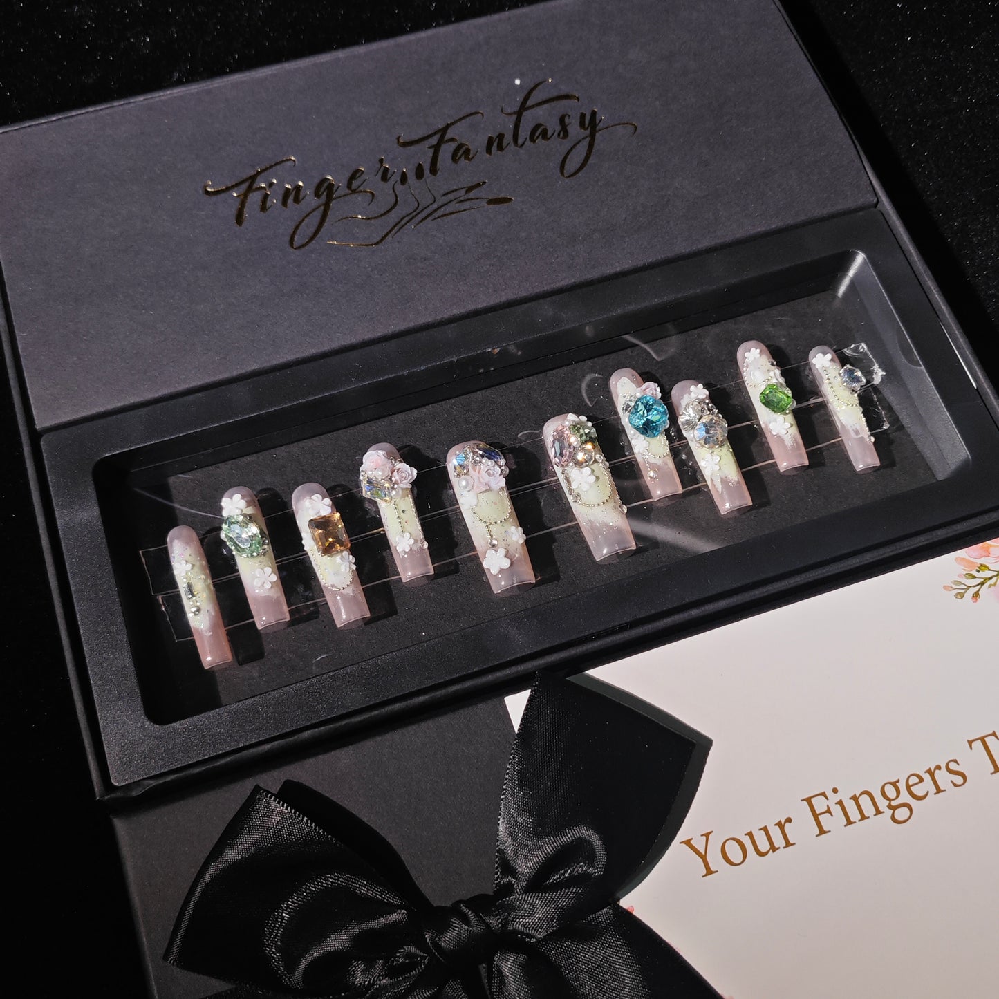 D161Finger Fantasy- Crystal Fantasy Luxury Rhinestone Handmade Press-On Nail Set with Gift Box & Greeting Card, 10pcs Elegant Nail Art Kit for Manicure, Perfect for Christmas Gift and Holiday Glam(DM0161)