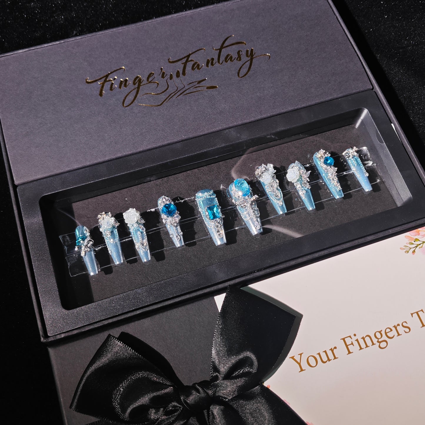 D153Finger Fantasy- Crystal Fantasy Luxury Rhinestone Handmade Press-On Nail Set with Gift Box & Greeting Card, 10pcs Elegant Nail Art Kit for Manicure, Perfect for Christmas Gift and Holiday Glam(DM0153)
