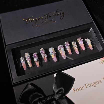 D150Finger Fantasy- Crystal Fantasy Luxury Rhinestone Handmade Press-On Nail Set with Gift Box & Greeting Card, 10pcs Elegant Nail Art Kit for Manicure, Perfect for Christmas Gift and Holiday Glam(DM0150)