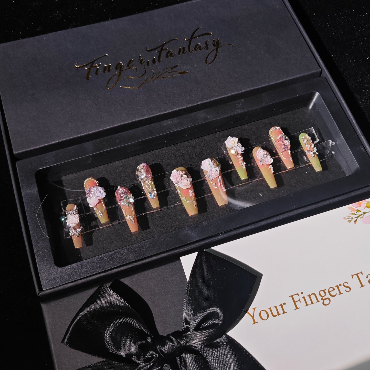 D149Finger Fantasy- Crystal Fantasy Luxury Rhinestone Handmade Press-On Nail Set with Gift Box & Greeting Card, 10pcs Elegant Nail Art Kit for Manicure, Perfect for Christmas Gift and Holiday Glam(DM0149)
