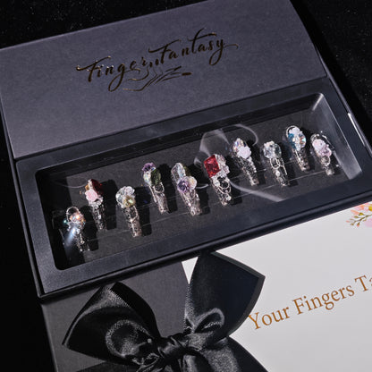 D152Finger Fantasy- Crystal Fantasy Luxury Rhinestone Handmade Press-On Nail Set with Gift Box & Greeting Card, 10pcs Elegant Nail Art Kit for Manicure, Perfect for Christmas Gift and Holiday Glam(DM0152)