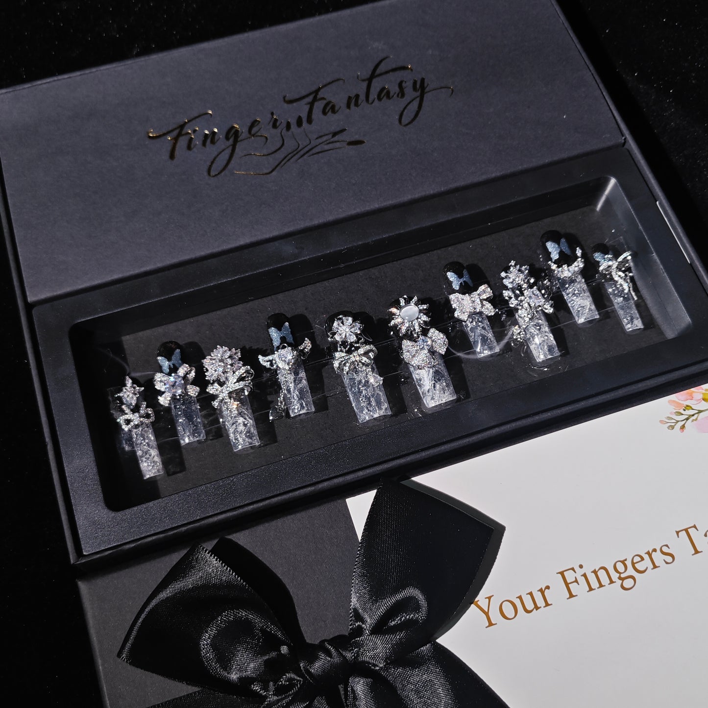 D148Finger Fantasy- Crystal Fantasy Luxury Rhinestone Handmade Press-On Nail Set with Gift Box & Greeting Card, 10pcs Elegant Nail Art Kit for Manicure, Perfect for Christmas Gift and Holiday Glam(DM0148)
