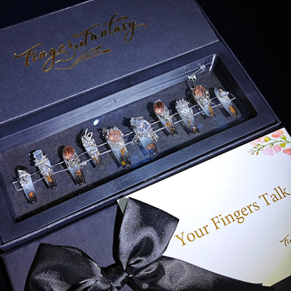 Finger Fantasy- Crystal Fantasy Luxury Rhinestone Handmade Press-On Nail Set with Gift Box & Greeting Card, 10pcs Elegant Nail Art Kit for Manicure, Perfect for Gifts and Holiday Glam(DM0067-69/84/93/94/96/97)
