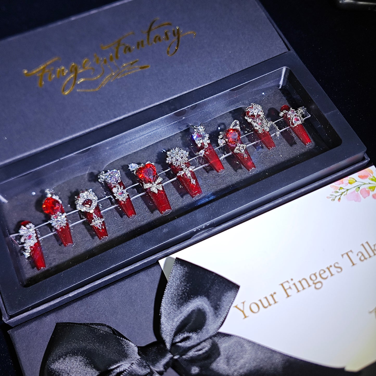 D118Finger Fantasy- Crystal Fantasy Luxury Rhinestone Handmade Press-On Nail Set with Gift Box & Greeting Card, 10pcs Elegant Nail Art Kit for Manicure, Perfect for Christmas Gift and Holiday Glam(DM0118)