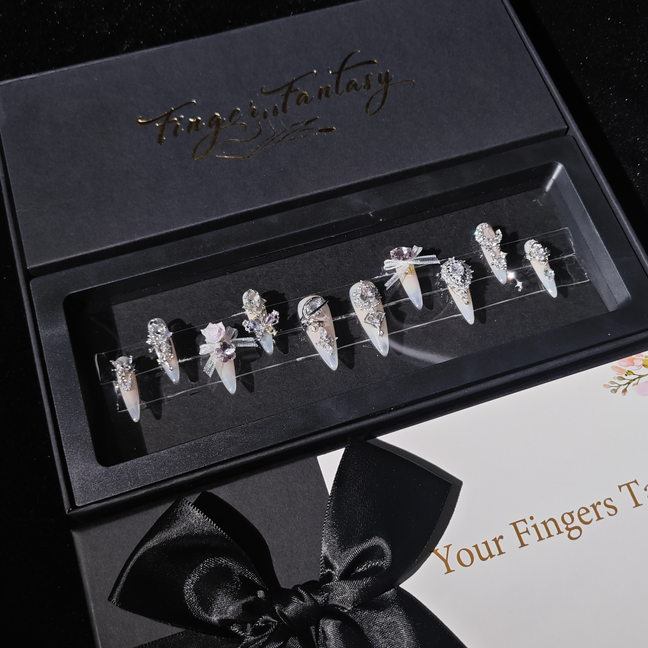 D155Finger Fantasy- Crystal Fantasy Luxury Rhinestone Handmade Press-On Nail Set with Gift Box & Greeting Card, 10pcs Elegant Nail Art Kit for Manicure, Perfect for Christmas Gift and Holiday Glam(DM0155)