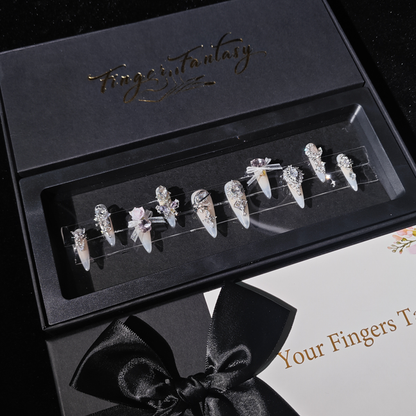 D155Finger Fantasy- Crystal Fantasy Luxury Rhinestone Handmade Press-On Nail Set with Gift Box & Greeting Card, 10pcs Elegant Nail Art Kit for Manicure, Perfect for Christmas Gift and Holiday Glam(DM0155)