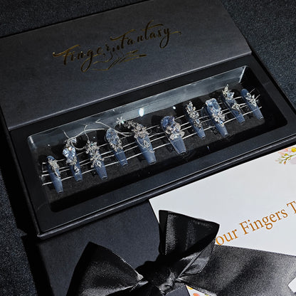 D128Finger Fantasy- Crystal Fantasy Luxury Rhinestone Handmade Press-On Nail Set with Gift Box & Greeting Card, 10pcs Elegant Nail Art Kit for Manicure, Perfect for Christmas Gift and Holiday Glam(DM0128)