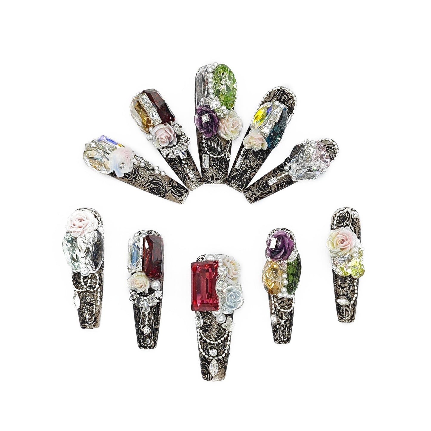 D152Finger Fantasy- Crystal Fantasy Luxury Rhinestone Handmade Press-On Nail Set with Gift Box & Greeting Card, 10pcs Elegant Nail Art Kit for Manicure, Perfect for Christmas Gift and Holiday Glam(DM0152)